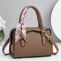 Brown lychee leather handbag with vertical stripes and a heart pattern silk scarf - Khaki