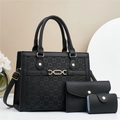 3-piece black tote bag set with geometric embossed texture and gold hardware - Black