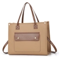 Large capacity khaki and brown textured leather tote bag with stylish gold accents - Khaki