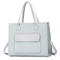 Detail of grey-blue pebble leather tote with gold hardware and front flap pocket - Blue