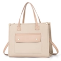 Minimalist beige pebble leather tote bag with large capacity and front rivet pocket detail - Light Khaki