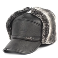 Classic black leather bomber hat with thick grey faux fur lining and warm ear flaps - 54-59CM / Letter Grey Fur