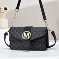 Minimalist crossbody bag with M-pattern jacquard fabric and golden metallic logo clasp - Black