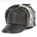 Winter thermal faux leather trapper hat with gray faux fur lining and ear flaps - 54-59CM / Solid Grey Fur