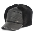 Mens winter leather trapper hat with warm faux fur ear flaps for cold weather protection - 54-59CM / Letter Black Fur
