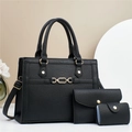 Set borse nere 3 pezzi con borsa a mano decorata con catena e pochette coordinate - Nero