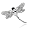 Vintage dragonfly brooch in silver metal with clear crystals and black stone eyes - White