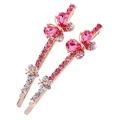 Set of two gold hair clips featuring pink butterfly crystals and sparkling rhinestones - Pair Clip / Rose Red