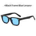 Square fashion sunglasses with black frame, blue lenses, and silver rivet accents - Black Frame Blue Lens