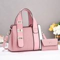 Pink twill fabric handbag set with white leather trim and gold metal hardware detailing - Pink