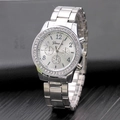 Silver Geneva alloy watch with sparkling rhinestones and metal chain strap on dark leather - Silver