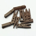 Dark brown small wooden clips with metal springs for photo decor on white background - Brown