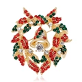 Christmas wreath brooch with colorful rhinestones and a gold bell on a white background - Wreath Bell-C143-A