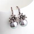 Vintage silver flower earrings with matte crystals and large grey pearls in main view - Grey Pearl / Silver