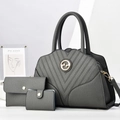 Three-piece dark grey pebbled leather handbag set with V-shaped stitching and gold buckle - Gray