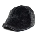 Winter men's warm newsboy cap in black and grey faux fur with plush lining and leather brim - One Size / Gray