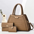 Three-piece set of brown crocodile pattern tote bag with wallet and card holder - Dark Khaki