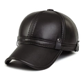 Men's winter dark brown leather baseball cap with ear protection and litchi texture - Adjustable / Brown