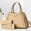 Three-piece beige croc-effect handbag set including a large tote and two smaller pouches - Khaki