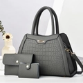 Three-piece dark grey handbag set featuring荔枝 texture and gold hardware detailing - Gray