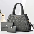 Dreiteiliges graues Leder-Handtaschen-Set mit Goldbeschlägen und Prägemuster - Grau