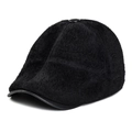 Winter black faux fur flat cap with leather brim and warm ear protection lining - One Size / Black
