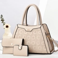 Beiges 3-in-1 Handtaschen-Set mit großer Tasche, Clutch und Kartenetui aus strukturiertem Kunstleder - Gebrochenes Weiß