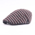 Detail of knitted newsboy cap featuring striped texture and adjustable leather buckle strap - Adjustable / Red Stripes
