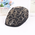 Close-up of elegant gold sequin rose embroidery on black knit beret hat for women - Adjustable / Black