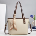 Chic beige and brown lychee grain tote bag with houndstooth silk scarf and crossbody strap - Off-white