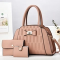 Three-piece apricot pink tote bag set with geometric embossed pattern and bow detail - Pink