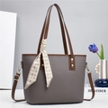 Deep grey PU leather tote bag with lychee texture and brown handles with a silk scarf - Gray