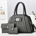Three-piece dark gray pebbled leather handbag set with bow and gold-tone hardware - Gray