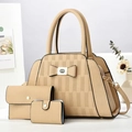 Three-piece beige handbag set featuring large tote with litchi grain and bow detail - Khaki