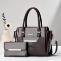 Dark brown patent leather handbag and wallet set with glossy crocodile texture finish - Coffee