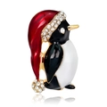 Festive penguin brooch with a red Santa hat and crystal accents on a golden base - Christmas Penguin-C147-A