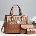 Three-piece brown glossy leather tote bag set with textured checkered design and gold lock - Brown