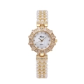 Reloj de cuarzo para mujer con correa de perlas y bisel adornado con cristales brillantes - Caja Dorada Esfera Blanca