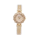 Reloj de cuarzo de lujo para mujer con caja dorada, diamantes y pulsera de perlas blancas - Caja Dorada Esfera Dorada