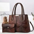 Detailed view of the brown crocodile pattern tote bag set with matching long wallet - Crocodile Embossed Mother-Son Bag Set (Handbag + Small Bag) / Coffee