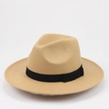 Classic camel wool fedora hat with a black grosgrain ribbon and wide brim design - 56-59cm Adjustable / Camel