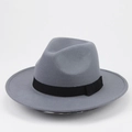 Classic grey wool felt fedora hat with black ribbon band and wide brim for unisex style - 56-59cm Adjustable / Gray