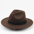 Dark brown wide brim wool fedora hat with a black grosgrain ribbon and side bow - 56-59cm Adjustable / Coffee