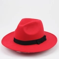 Classic bright red wide brim fedora hat with black grosgrain ribbon for men and women - 56-59cm Adjustable / Red