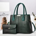Dark green faux crocodile leather handbag set with gold hardware and shoulder strap - Crocodile Embossed Mother-Son Bag Set (Handbag + Small Bag) / Green
