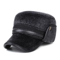Winter flat top cadet cap in dark grey plush with faux leather trim and ear flaps - One Size / Gray