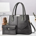 Crocodile pattern tote bag set with matching wallet and adjustable strap in dark grey - Crocodile Embossed Mother-Son Bag Set (Handbag + Small Bag) / Gray