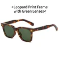 Retro square leopard print sunglasses with green lenses and gold rivet accents - Tortoise Frame Dark Green Lens