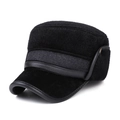 Winter flat top earflap hat in black faux fur and grey wool blend contrast - One Size / Black
