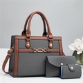 Juego de bolsos de 3 piezas en sarga gris con adornos de cuero marrón y cadena - Negro